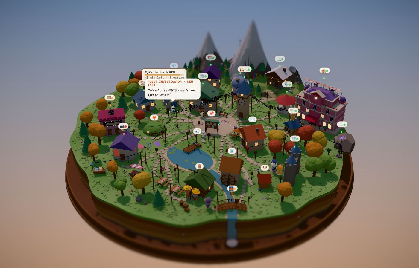 The Nexus Village: a tiny 3D island where a whole cast of agent animals — Nora the fox and friends — go about their day