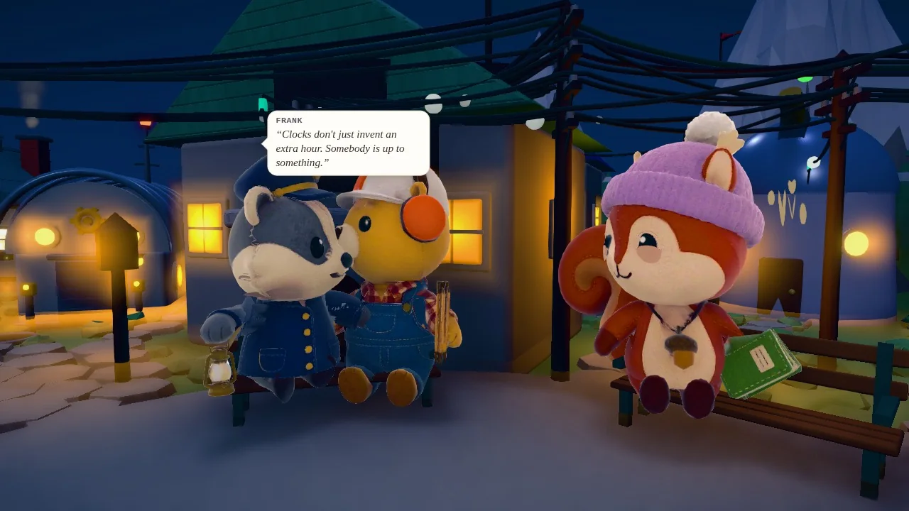 Night on the town square: Frank the badger with his lantern and Kai the beaver in a hard hat sit side by side on a bench, Hazel the squirrel in a purple beanie on the next bench, lit windows behind them. Frank's speech bubble says: Clocks don't just invent an extra hour. Somebody is up to something.