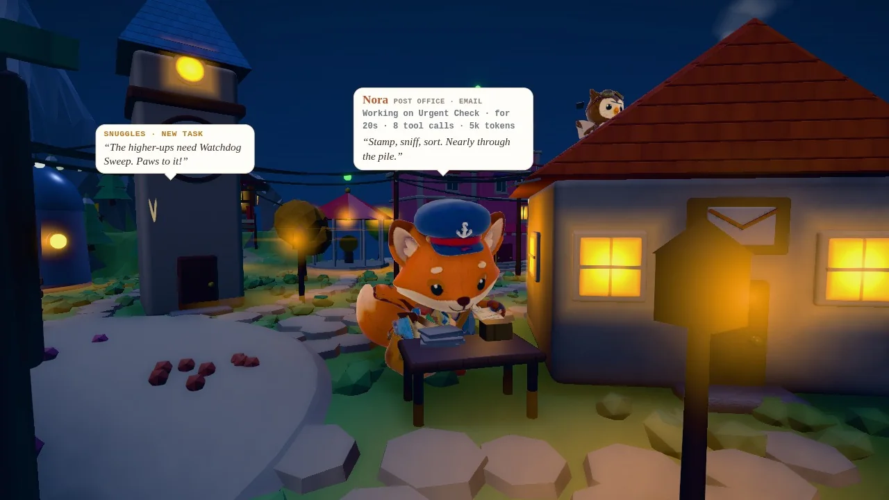 Nora the fox in her postmaster cap working at a table outside the post office at night. Above her, the stalker info card reads: Nora, post office, email, working on Urgent Check for 20 seconds, 8 tool calls, 5k tokens, and her thought, Stamp, sniff, sort. Nearly through the pile. To the left, Snuggles' speech bubble says the higher-ups need a watchdog sweep.