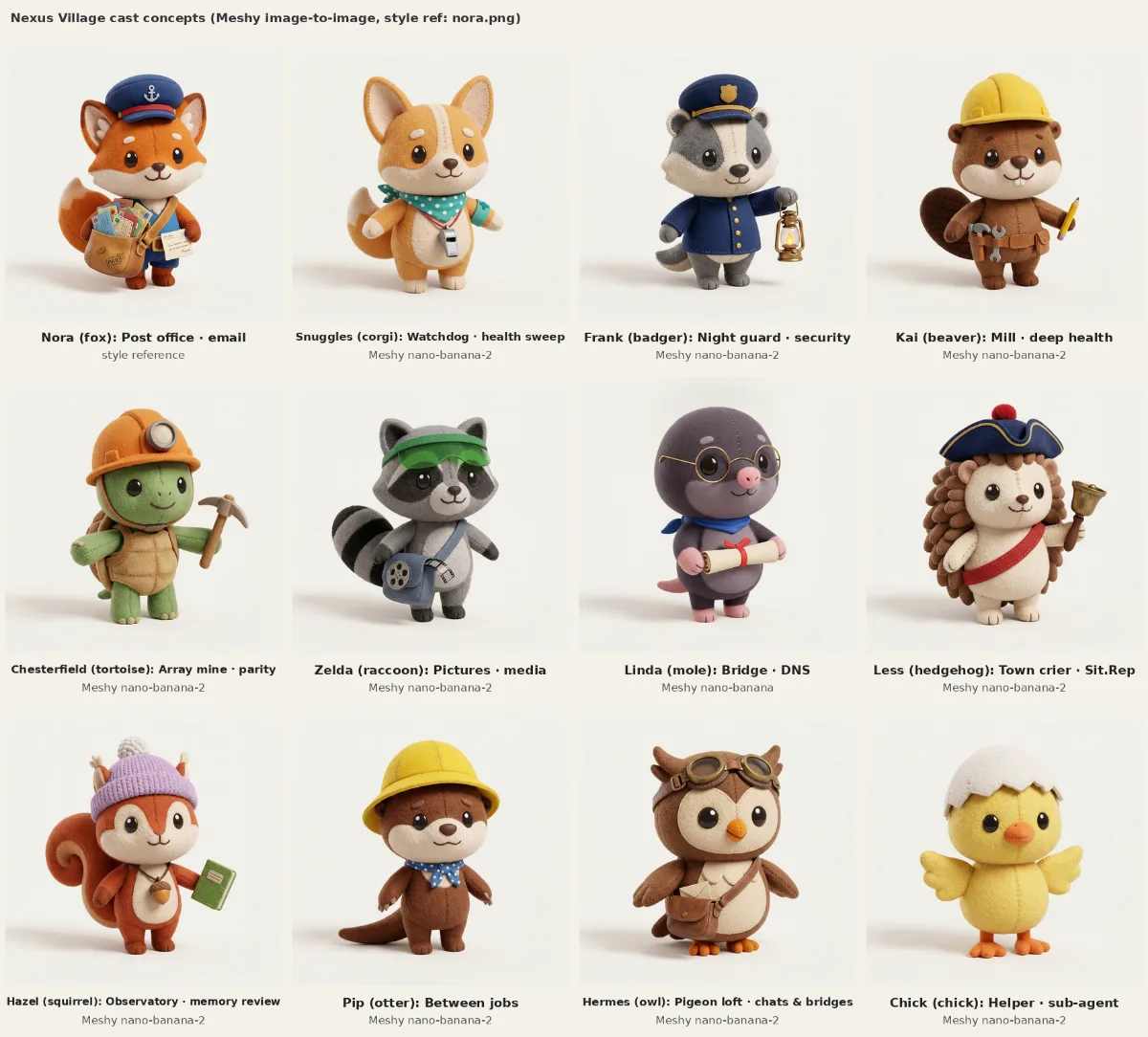A three-by-four sheet of felt plush concept images on an off-white background: Nora the fox postwoman with a satchel full of letters, Snuggles the corgi with a whistle and bandana, Frank the badger in a navy guard uniform with a lantern, Kai the beaver in a hard hat with a tool belt, Chesterfield the tortoise with a miner's helmet and pickaxe, Zelda the raccoon with a green visor and a film-reel bag, Linda the mole with round glasses and a scroll, Less the hedgehog in a tricorn with a bell, Hazel the squirrel in a purple beanie with a book, Pip the otter in a yellow sou'wester, Hermes the owl with flying goggles and a satchel, and a yellow chick in an eggshell hat.
