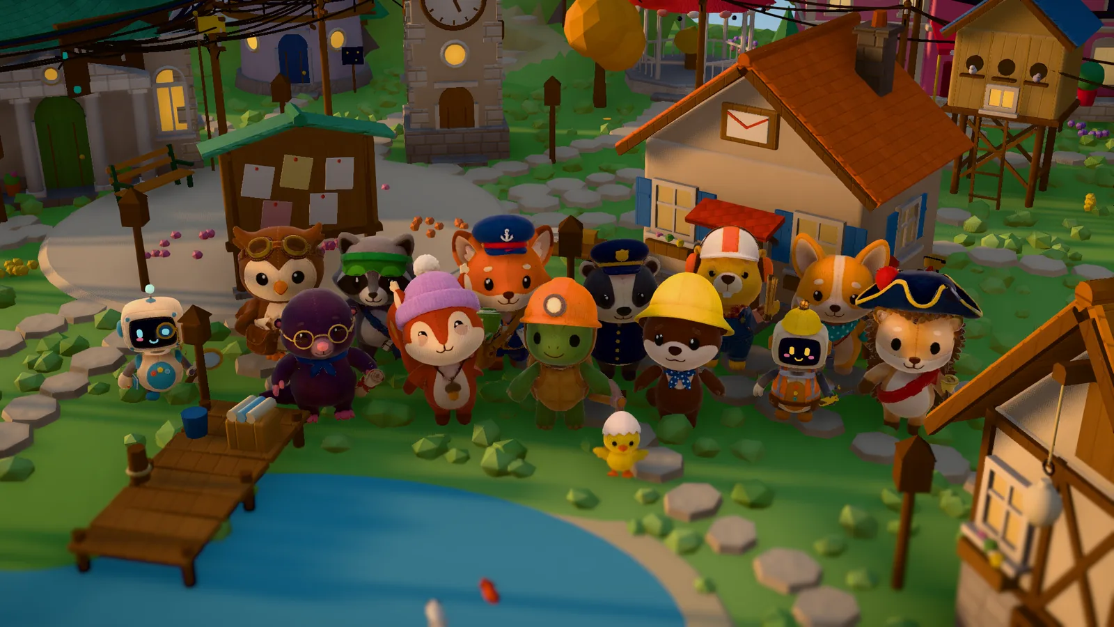The whole felt cast posed together on the lawn by the pond at golden hour, the post office, notice board and clock tower behind them. At the back Hermes the owl in flying goggles, Zelda the raccoon in a green visor, Nora the fox in a navy postmaster cap, Frank the badger in a police-style cap, Kai the beaver in a hard hat and Snuggles the corgi; in front an investigator robot with a monocle, Linda the mole in round glasses, Hazel the squirrel in a purple beanie, Chesterfield the tortoise in a miner's helmet, Pip the otter in a yellow sou'wester, a worker robot in a hard hat and Less the hedgehog in a tricorn. A chick in an eggshell hat stands at their feet.