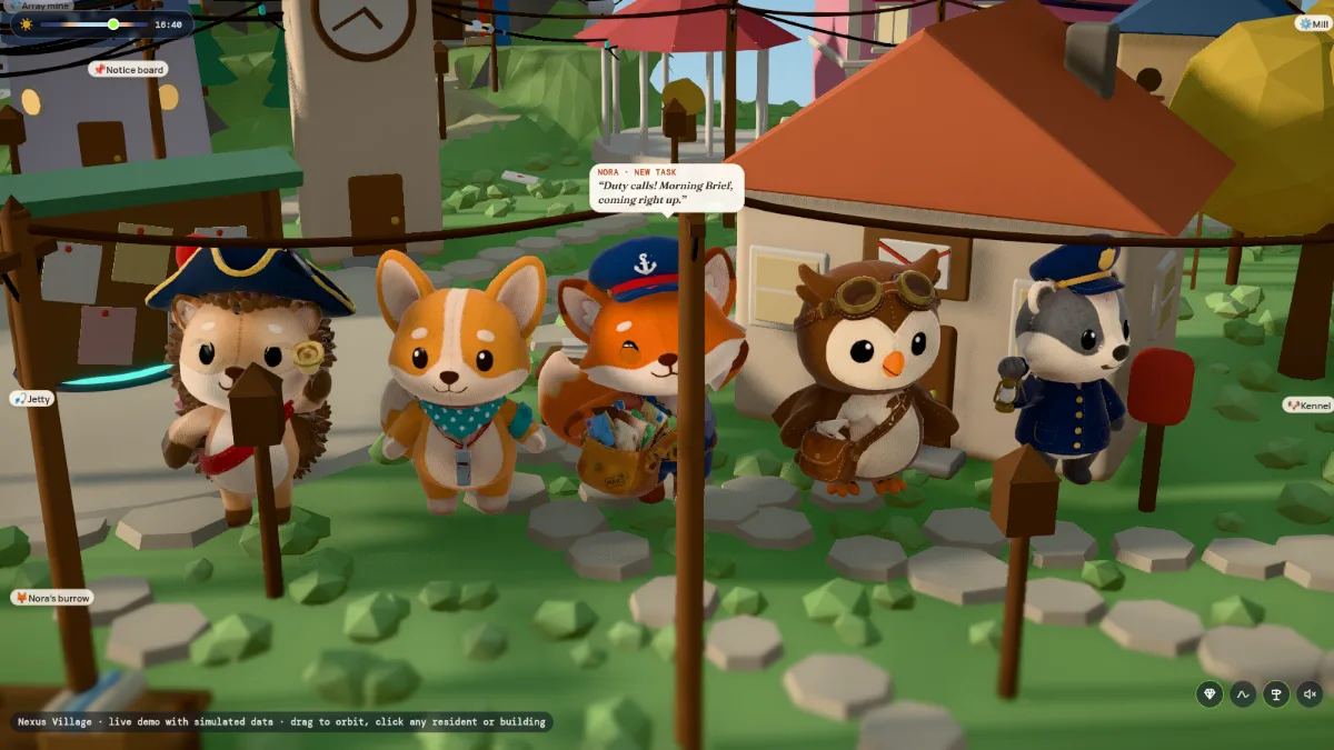Five felt plush residents lined up on a cobbled path in the Village by day: Less the hedgehog with her tricorn and bell, Snuggles the corgi with her bandana and whistle, Nora the fox in her postmaster cap with a satchel of letters, Hermes the owl with goggles and a satchel, and Frank the badger in uniform holding a lantern. A speech bubble above Nora says she has a new task.