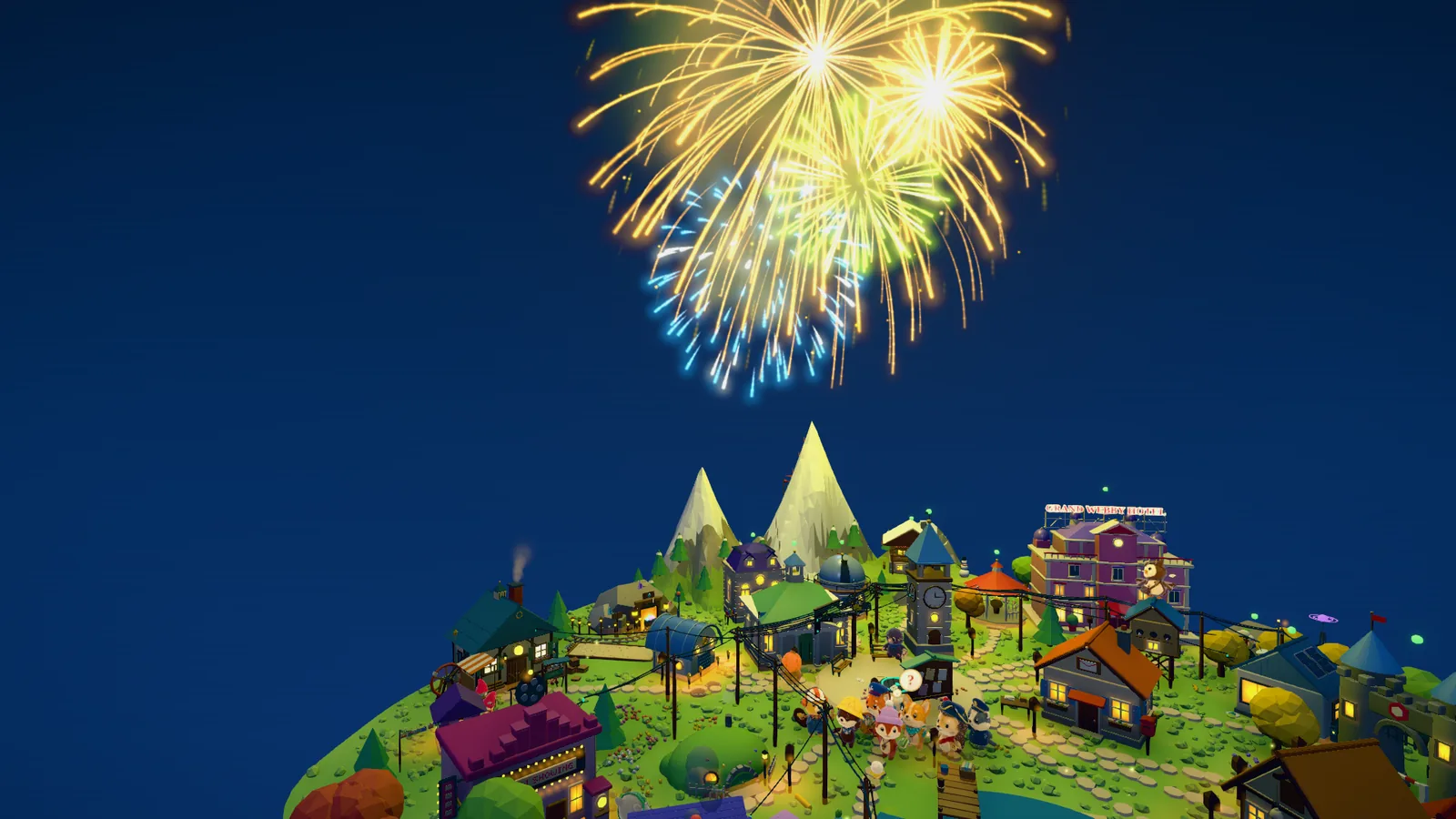 The Village at night seen from above, the lit island filling the lower half of the frame: snowy peaks, the clock tower, the Grand Webby Hotel, lamp-lit paths and glowing windows, with residents gathered on the square watching. Above them two gold willow fireworks and a blue-green peony burst across the sky.
