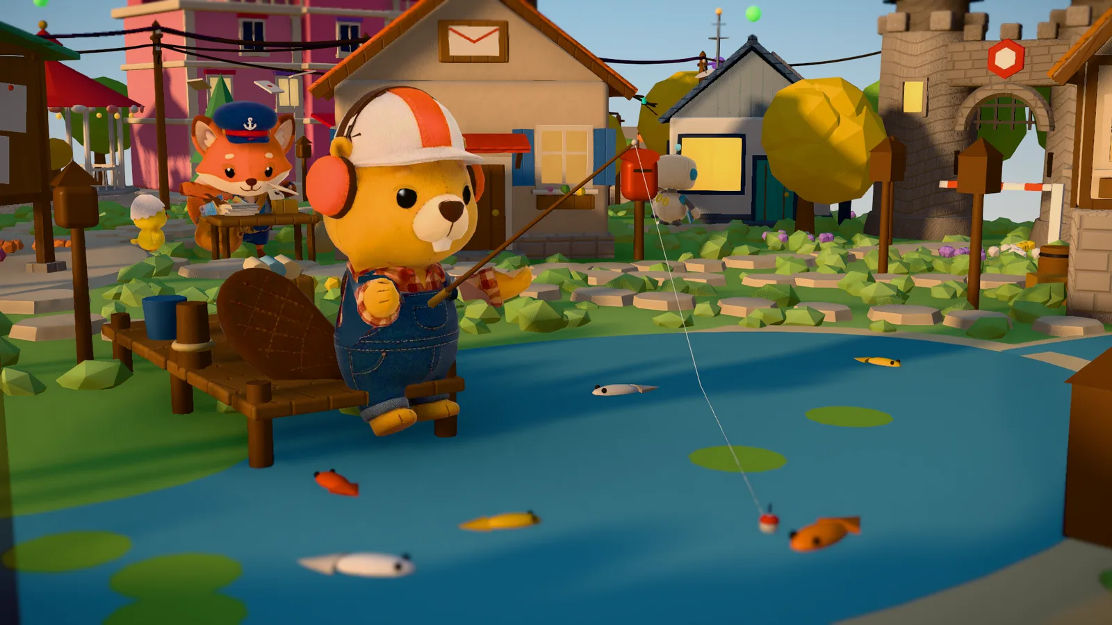 Kai the beaver in a white and orange hard hat and denim dungarees sits at the end of the jetty with a fishing rod, his float bobbing among felt fish and lily pads, while behind him Nora the fox sorts letters at a table outside the post office, with a chick and a robot nearby.