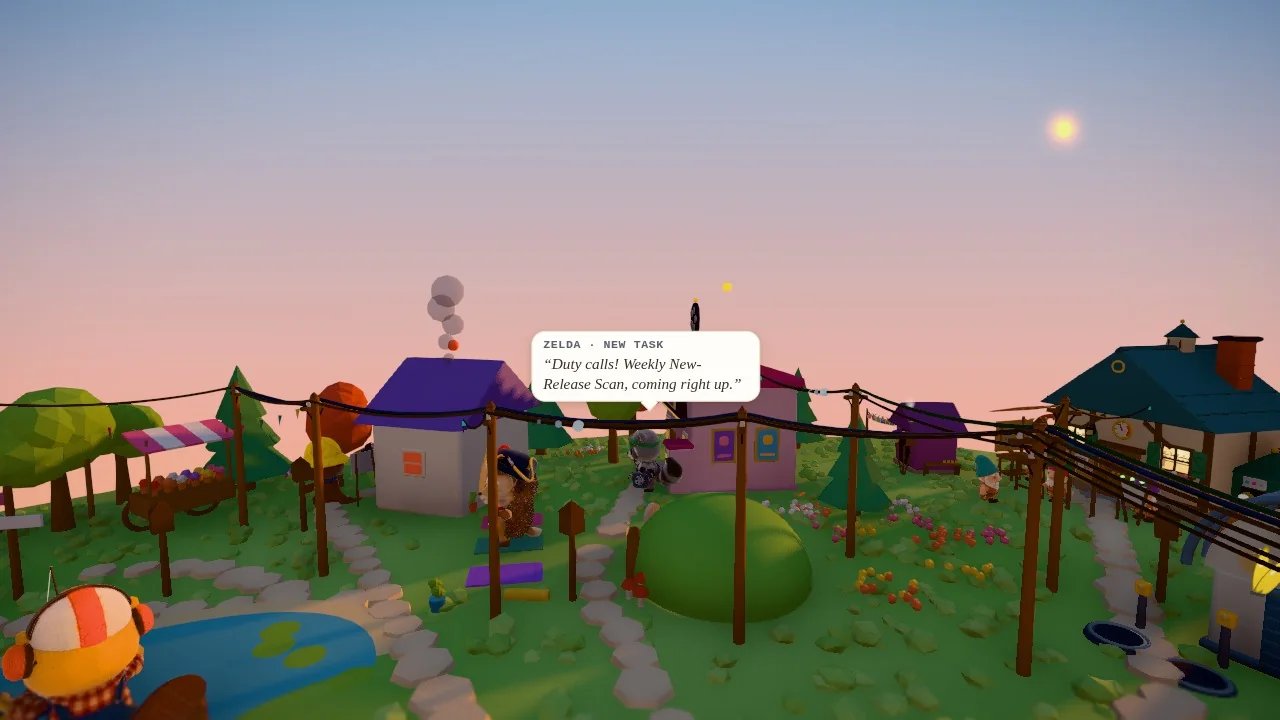 The Nexus Village at golden hour: a low sun in a peach and blue sky over cobbled paths, a market cart, houses with smoking chimneys and power lines on wooden poles, with Zelda the raccoon saying in a speech bubble that she is off to a weekly new-release scan.