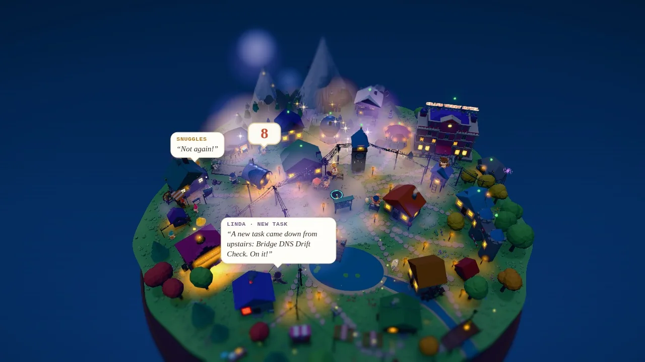The whole island at night seen from above, a soft lilac and gold mist rolling across it with sparkles, lit windows and lamps glowing through it, a countdown bubble and two speech bubbles from residents.