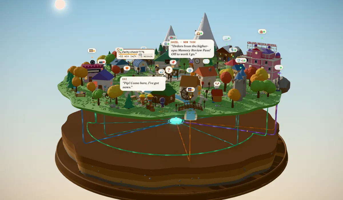 The exploded network view: the grassy top layer of the island floats above the brown soil layer, and in the gap coloured cables run from every building to a glowing router hub in the middle.