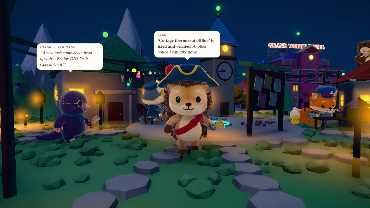 The town square at night: Less the hedgehog in her tricorn stands on the cobbles with her bell, Linda the mole beside her, street lamps throwing warm pools of light, lit windows, the notice board, the clock tower and the neon sign of the Grand Webby Hotel behind. Speech bubbles say a cottage thermostat issue is fixed and verified, and that a new DNS check has come in.