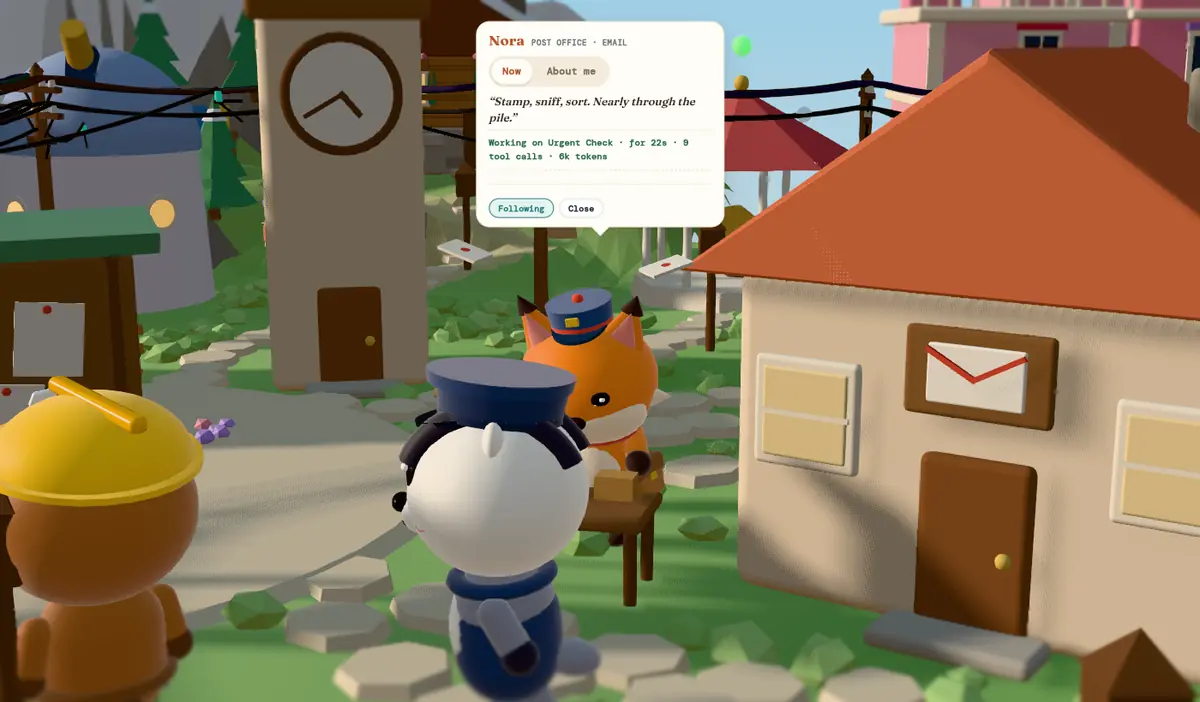 Close-up of Nora the fox in a navy postmaster cap outside the post office, with a speech bubble saying she is working on an urgent mail check, with its duration, tool calls and tokens.