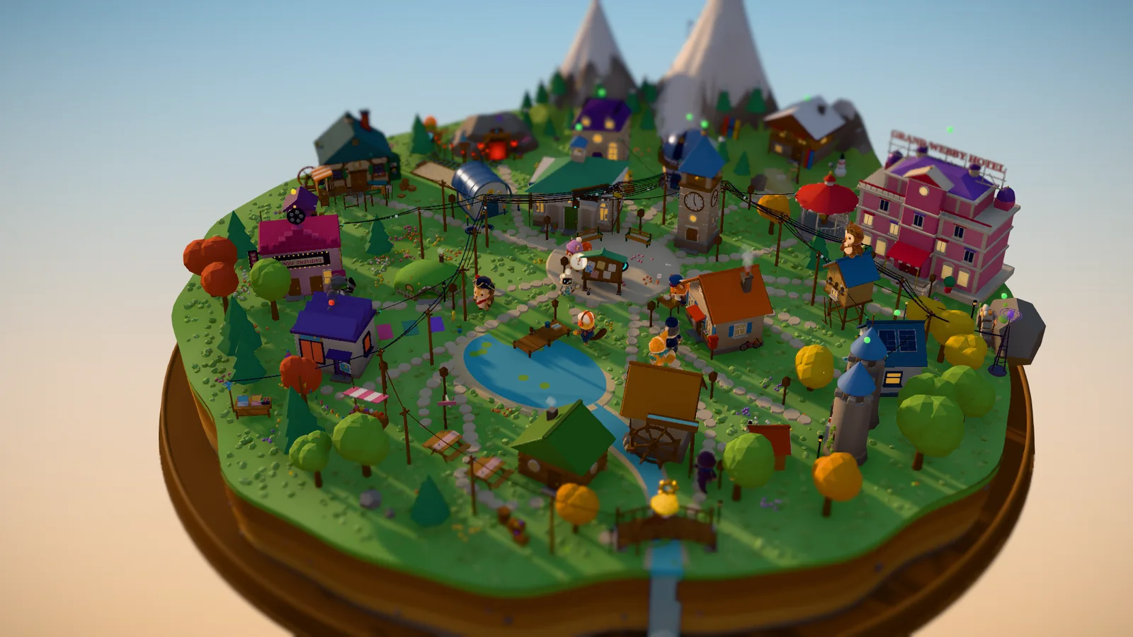 Now, release 1.203: the same island from the same camera, crowded with detail: snowy mountains and lodges at the back, a pink Grand Webby Hotel, a solar-panelled workshop, cables strung between poles, picnic tables, and felt animals walking the stone paths in warm afternoon light.