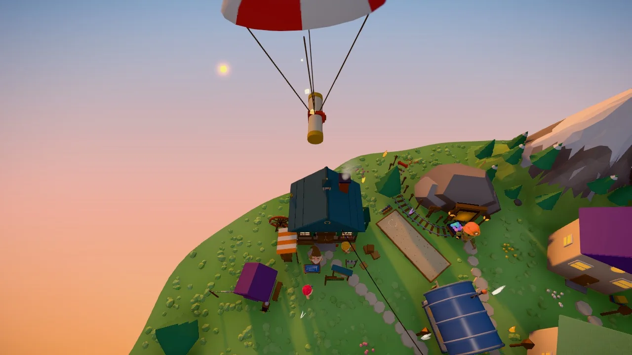 A high-angle shot over the Workshop at golden hour: a red and white parachute carrying a blueprint tube floats down towards the timber workshop and its yard on the island's grassy rim, with the low sun in the sky.
