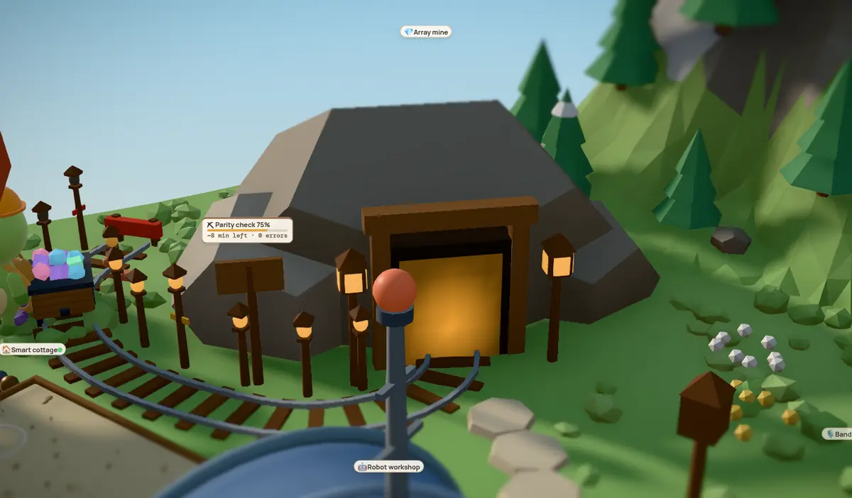The array mine: a glowing mine entrance in a rock, a curved rail track with lamp posts, a cart full of glowing coloured blocks, and a sign reading Parity check 75 percent, about 8 minutes left, 0 errors.