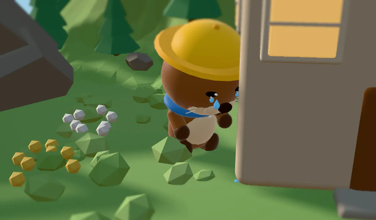 Pip the otter in a yellow sou'wester sitting beside a house, crying big blue tears.