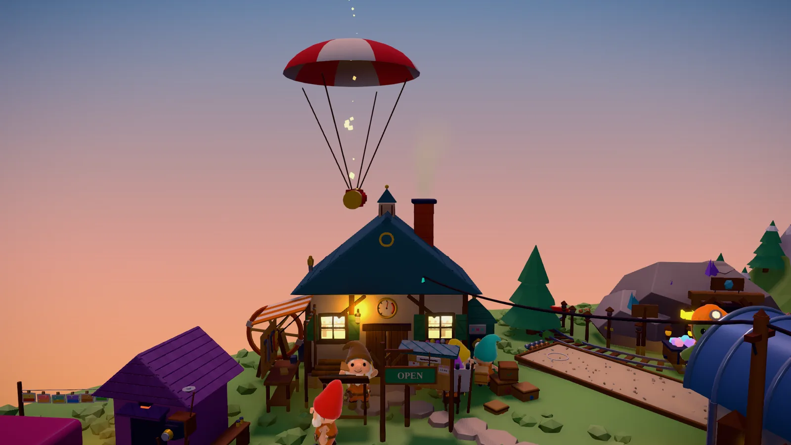 Golden hour over the Workshop: a red and white parachute carrying a sealed blueprint tube drifts down towards the timber workshop with its lit windows, brick chimney and OPEN sign, while felt gnomes in red, brown and teal knitted hats work in the yard below.