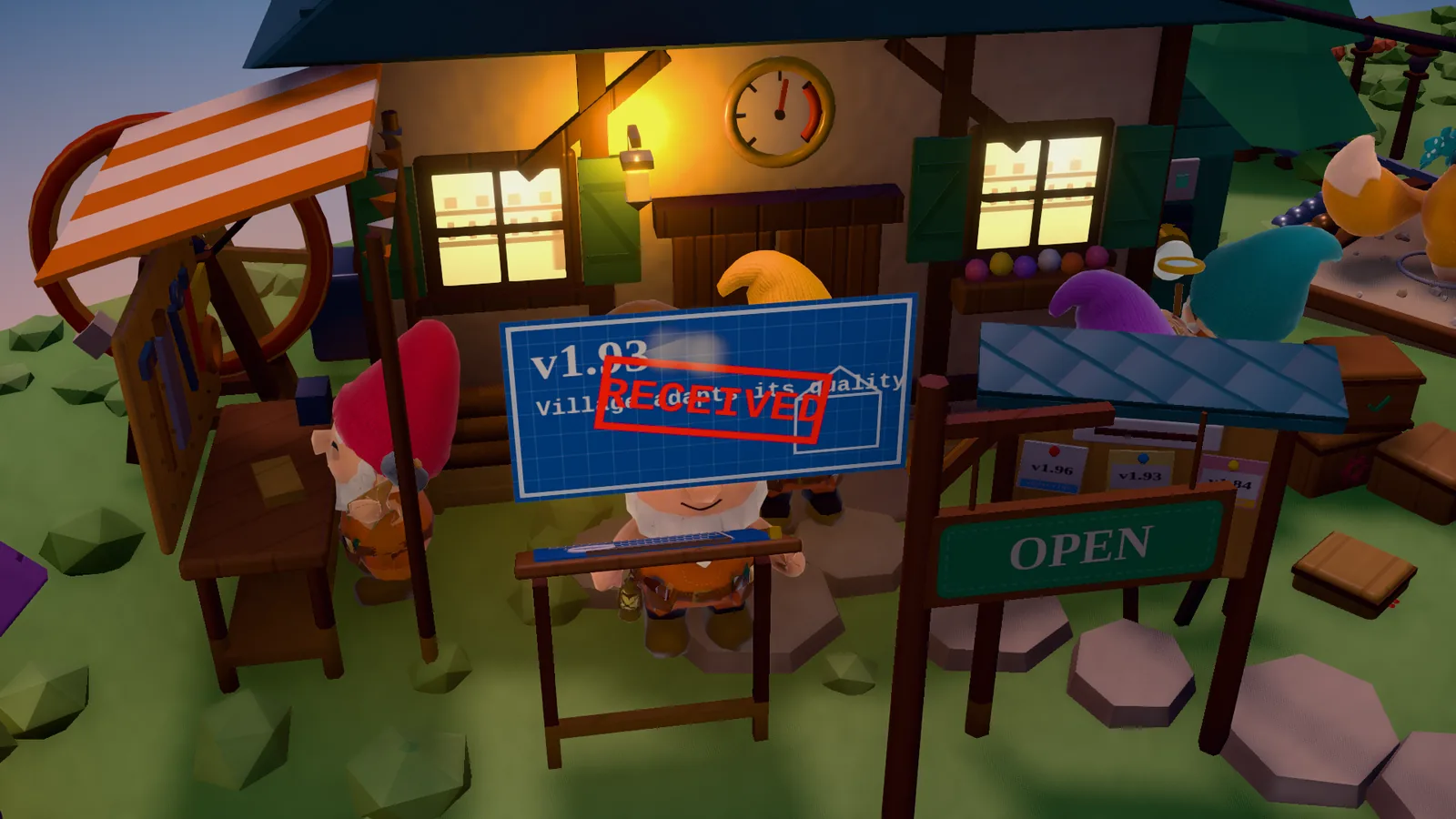 Seen from above at the Workshop door: the smiling foreman gnome holds up a blue blueprint reading v1.93, Village adapts its quality, with a red RECEIVED stamp across it. A red-hatted gnome works at the bench on the left, yellow, purple and teal hats behind, a green OPEN sign and a jobs board with release cards on the right.