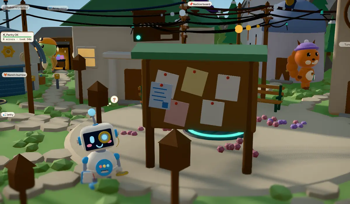 A small white robot with a big round eye stands next to the village notice board, which has paper plans pinned to it, with a question-mark thought bubble above its head.