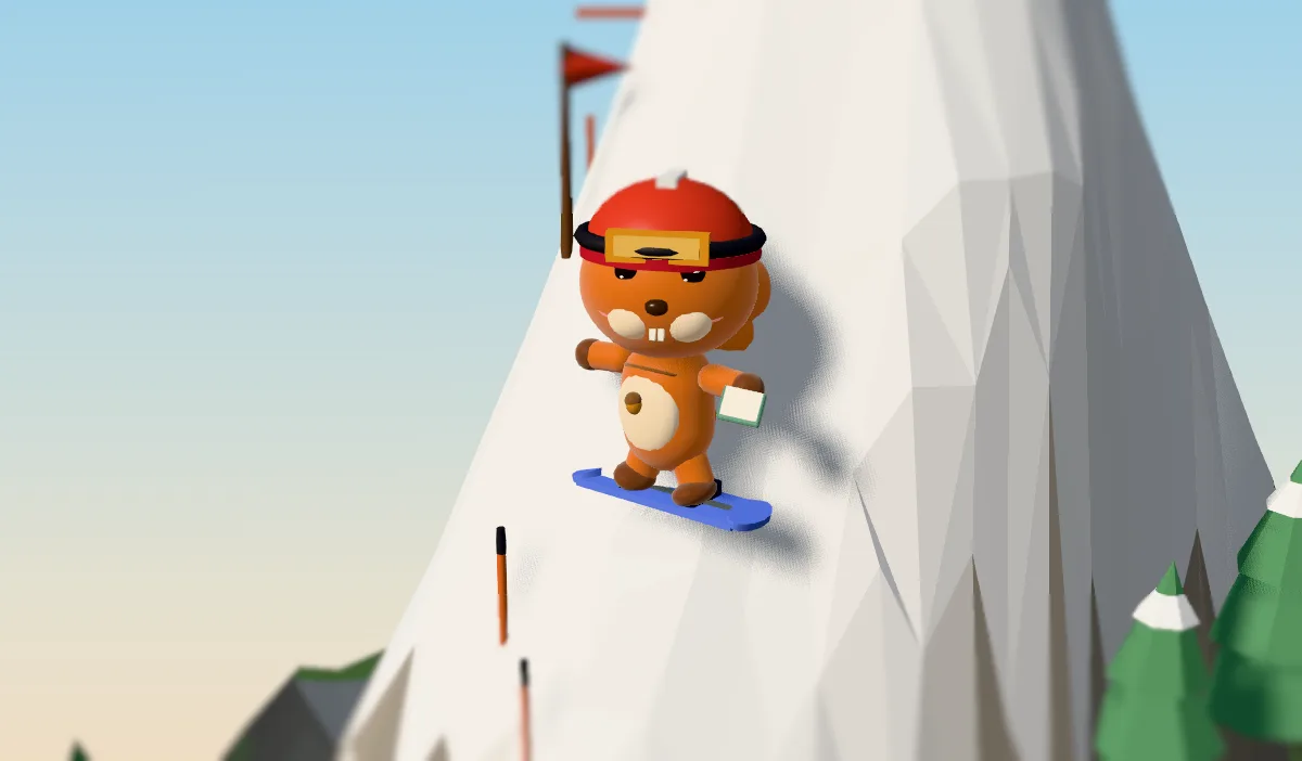 Hazel the squirrel in a red helmet and goggles riding a blue snowboard down the snowy piste straight towards the viewer, arms out for balance, with orange piste markers and pine trees around her.