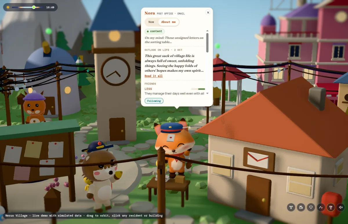 Nora the fox in her postmaster cap outside the post office, with her About me tab open in a felt speech bubble: a mood chip saying content, a line saying her mind is on those unsigned letters on the sorting table, a dated Outlook on life paragraph about the great sack of village life, and a Friends list starting with Less and an affinity bar.