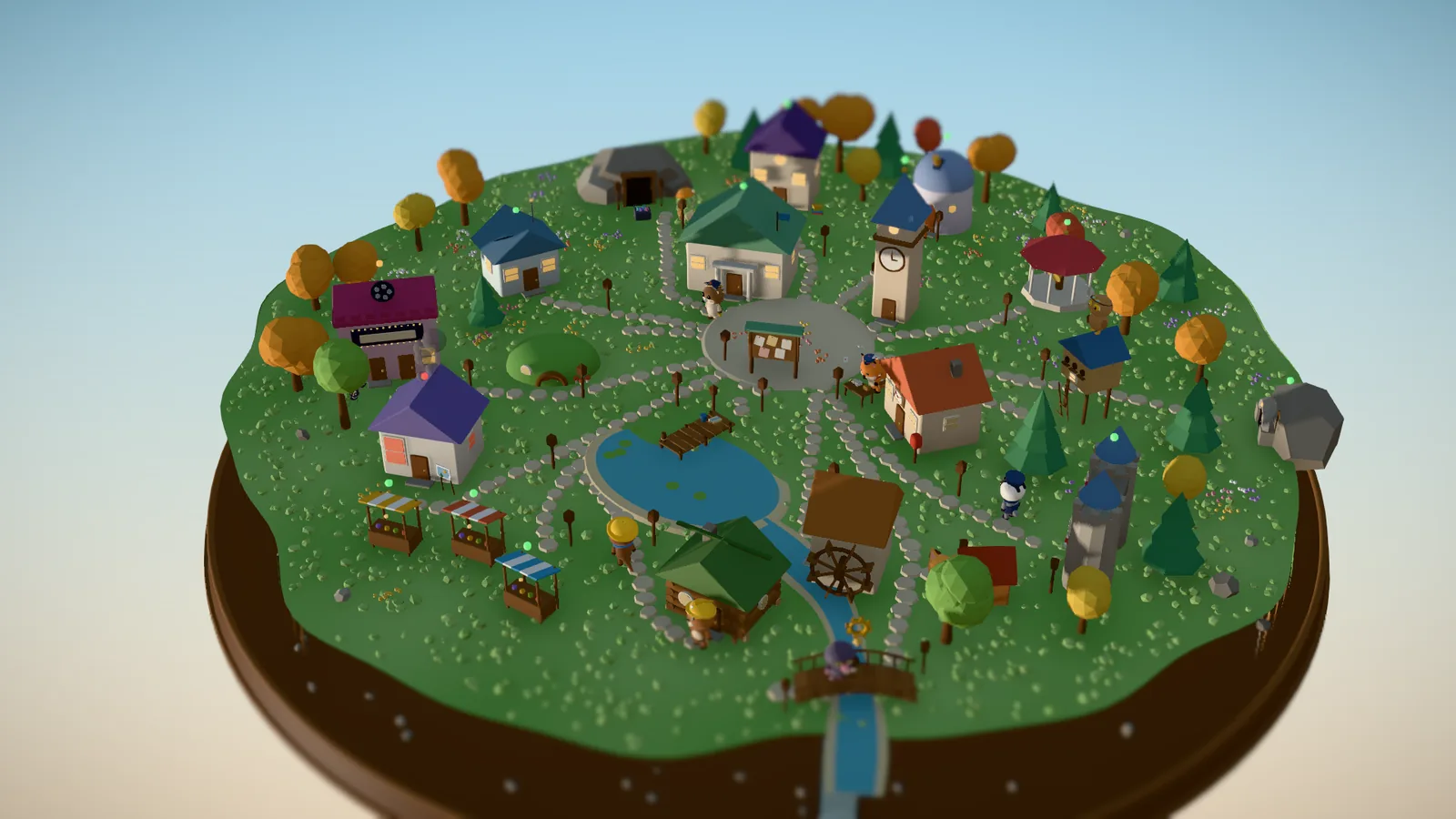 Then, release 1.43 on 27 September: a round grassy island with simple box houses, a pond with a jetty, market stalls, a clock tower and a few small chibi animals standing on the paths.