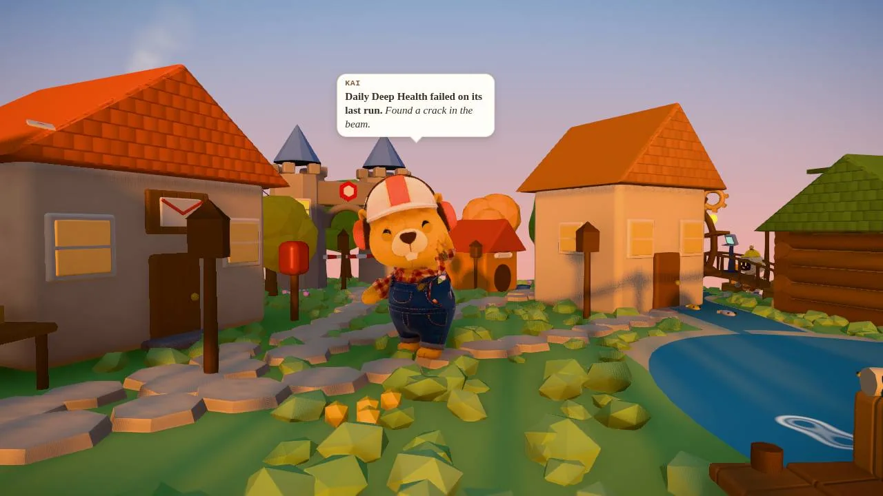 Kai the beaver in a white hard hat and denim dungarees stands on a path between houses in warm evening light, facing the camera with a raised paw, under a speech bubble saying his daily deep health check failed on its last run and that he found a crack in the beam.