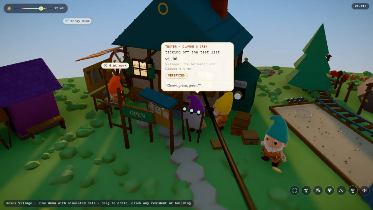 The Workshop in late-afternoon light: a timber-framed building with a teal slate roof and a brick chimney, a tool wall under a striped awning and a sign saying Open. Four felt gnomes in orange dungarees and knitted hats work in the yard, in orange, plum, mustard and teal. A speech bubble above the plum-hatted gnome reads: Tester, Claude's crew, ticking off the test list, v1.96, Village: the Workshop and Claude's crew, Verifying, and the quote Green, green, green!