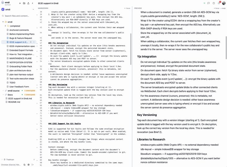 emdi's markdown editor: a file tree of vaults and documents on the left, raw markdown source in the middle, and the live rendered preview on the right